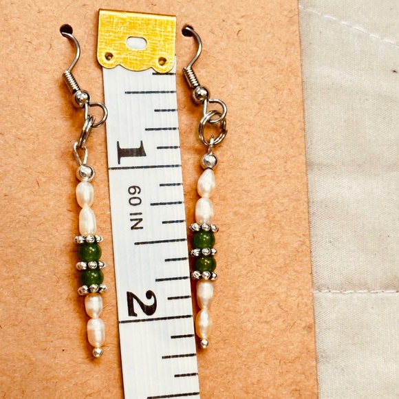 Stainless Steel Dangle Earrings Genuine Freshwater Pearls & Green Jade Hand Made - Picture 11 of 12